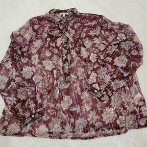Women's Lucky Brand Maroon Red  Sheer Tie Front Boho Peasant Blouse Size L